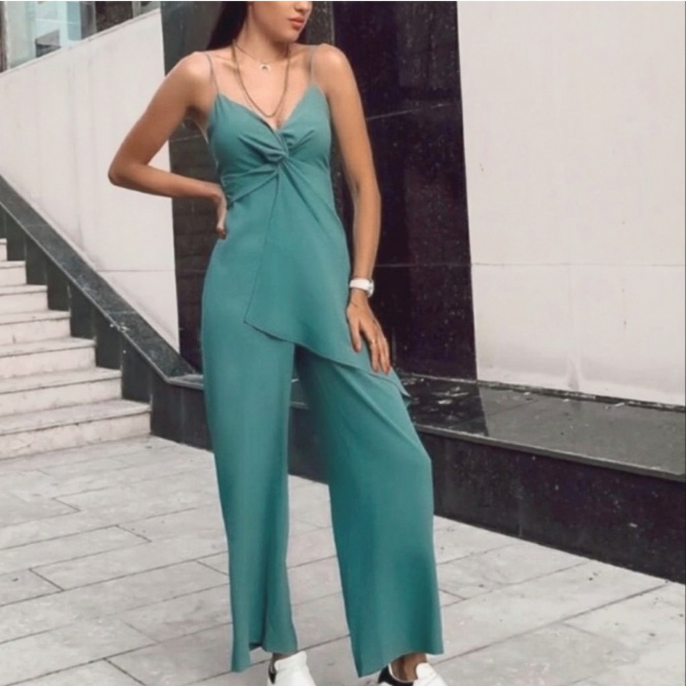 Zara Teal Twist-Front Wide-Leg Jumpsuit